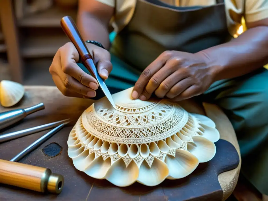 Un artesano talla con cuidado una conchita, instrumento tradicional hecho con una concha marina