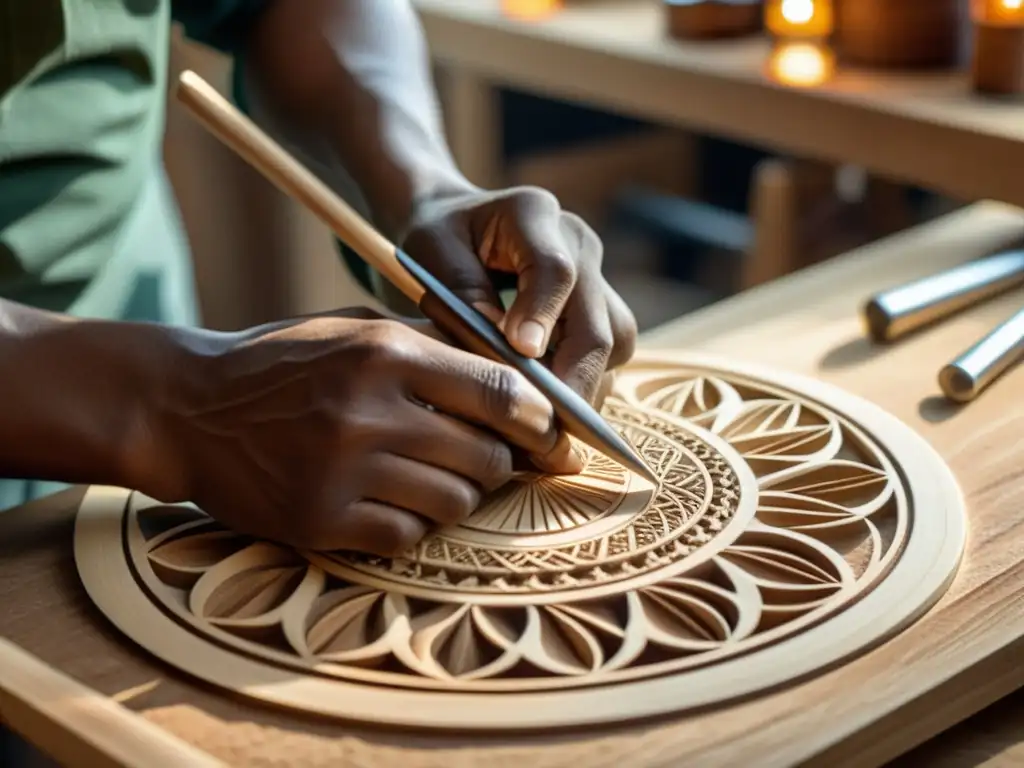 Un artesano talla con cuidado un diseño en madera para un instrumento musical ecológico, resaltando la belleza natural del material