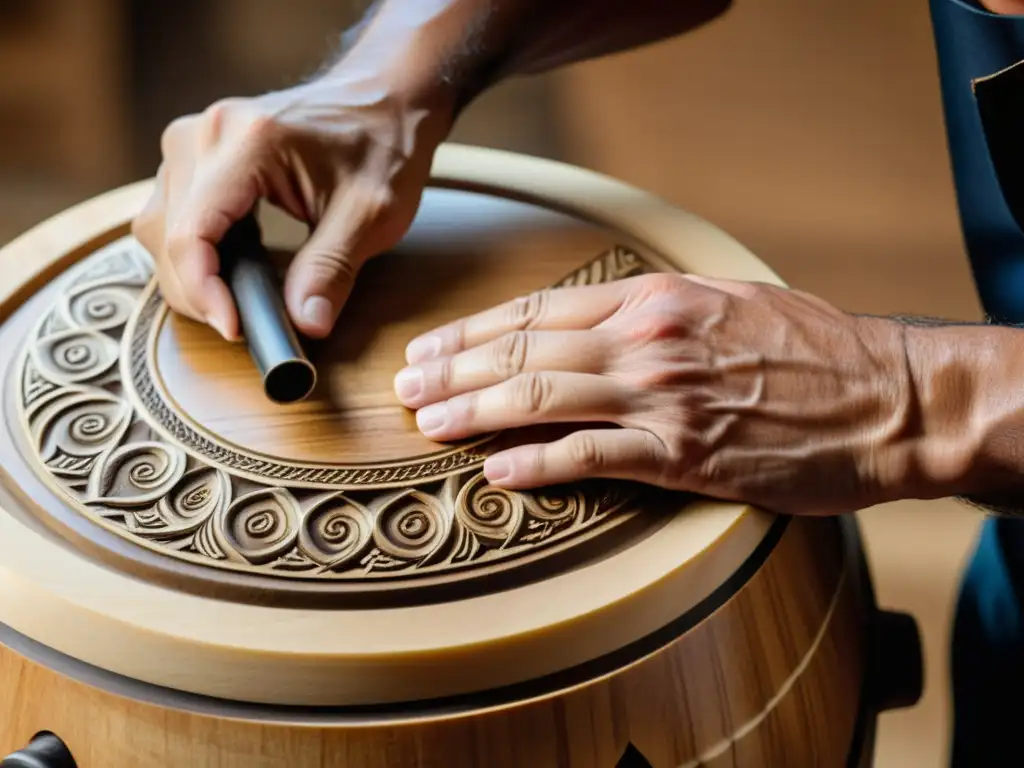 Un artesano talla con cuidado diseños en un cajón de madera, mostrando la fabricación responsable de cajones y bongos