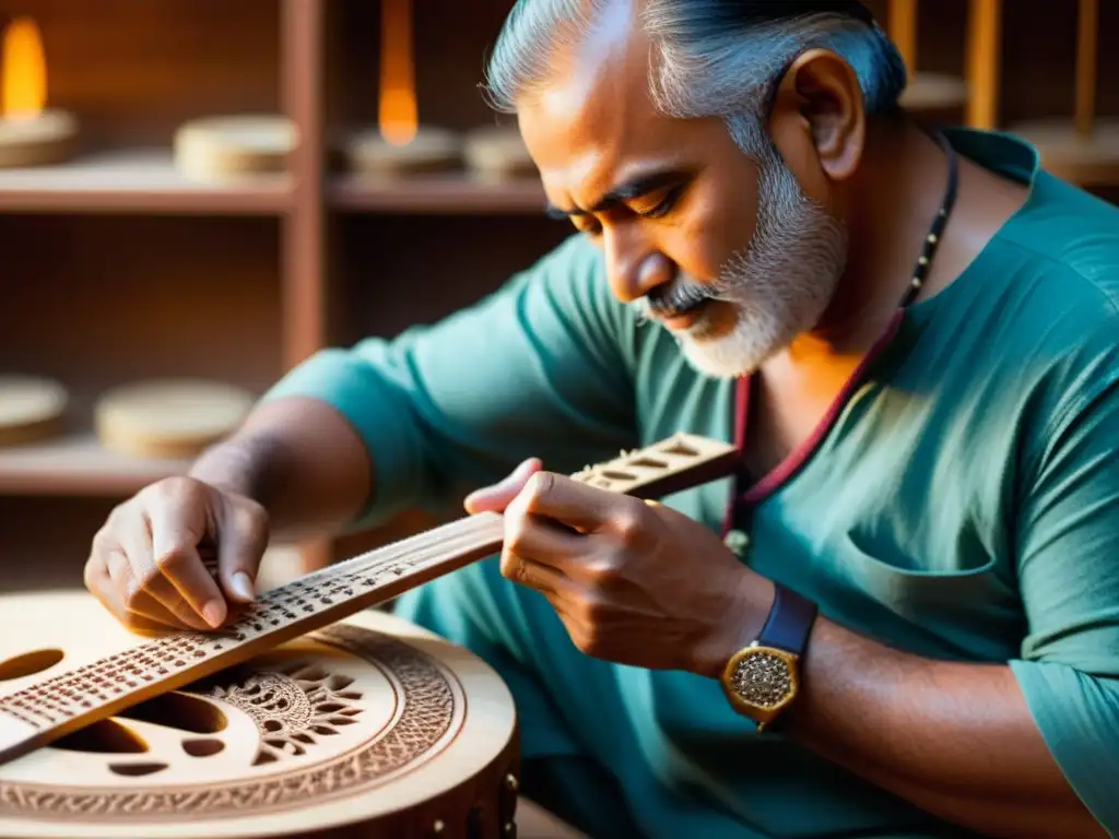 Un artesano talla con cuidado diseños en el mástil de un sitar