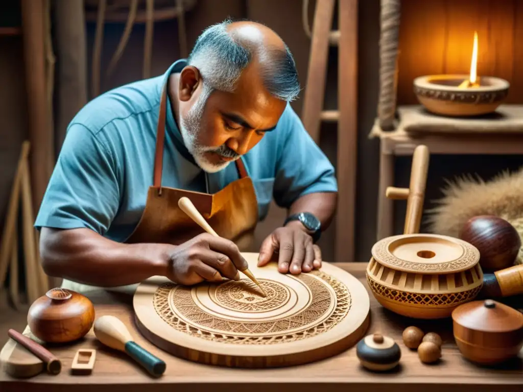 Un artesano talla con cuidado diseños en un instrumento tradicional, resaltando la importancia cultural de preservar instrumentos tradicionales