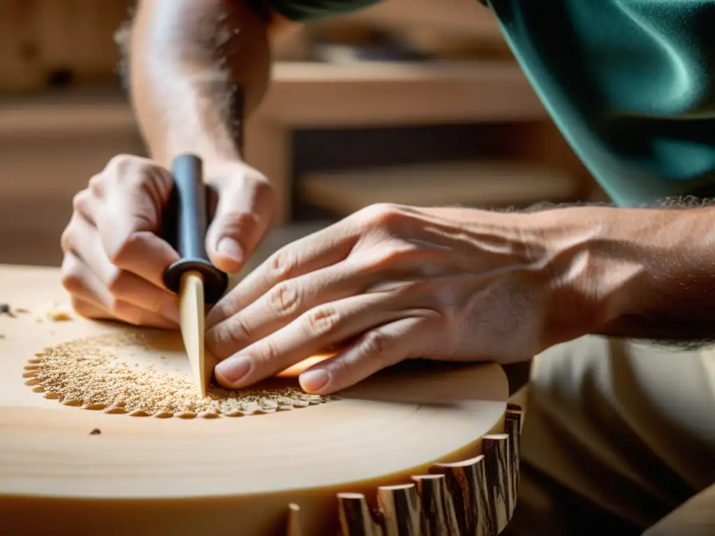 Artesano talla con cuidado una guitarra eco-sostenible, destacando la artesanía y pasión en la construcción de guitarras eco-sostenibles