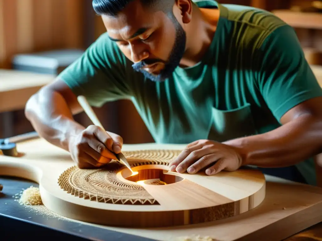 Un artesano talla con cuidado una guitarra de madera sostenible, rodeado de virutas de madera