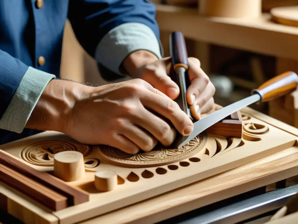 Un artesano talla con cuidado un hermoso instrumento ecológico, demostrando la sostenibilidad en la fabricación de instrumentos musicales