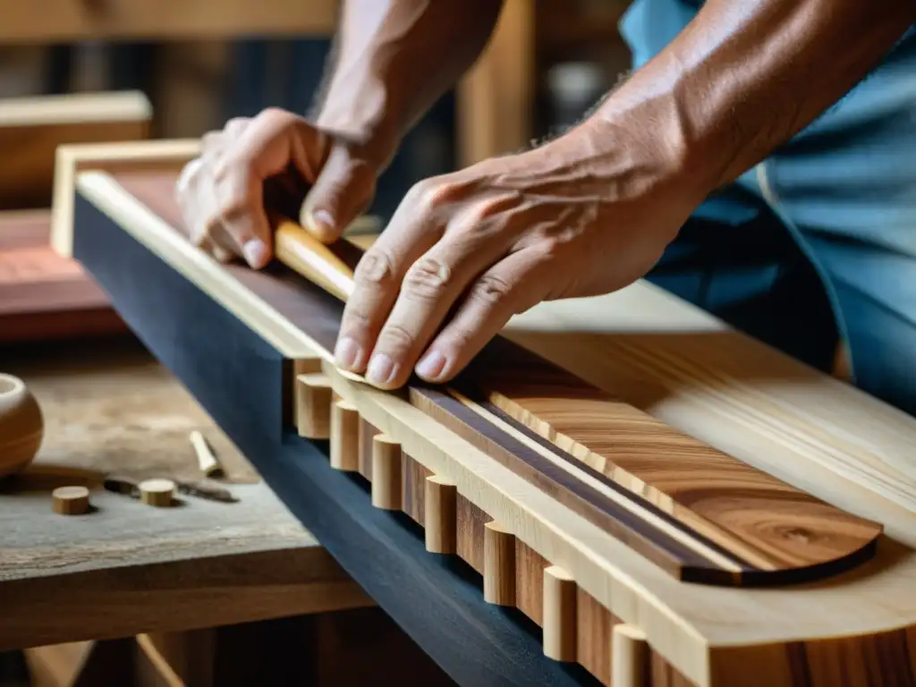 Un artesano talla con cuidado un instrumento musical sostenible reciclado, mostrando habilidad y conciencia ambiental