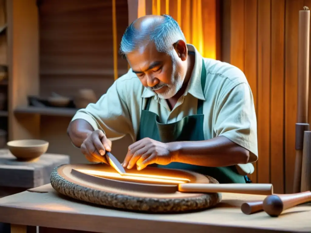 Un artesano talla con cuidado un instrumento musical tradicional de madera, infundiendo cada detalle con significado cultural e histórico