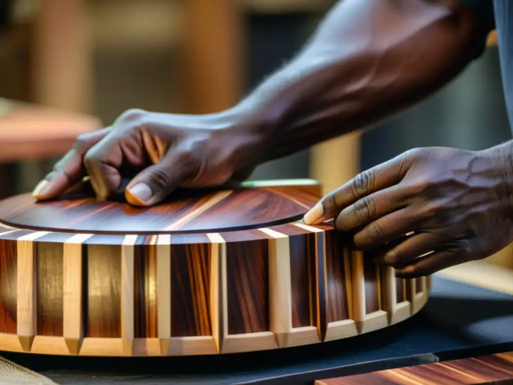 Un artesano talla con cuidado la madera de palo rosa africano para construir una marimba, destacando la artesanía y la historia de este instrumento