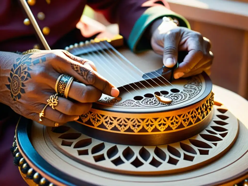 Un artesano hindú talla con cuidado en el mástil de un sitar, iluminado por la suave luz del sol