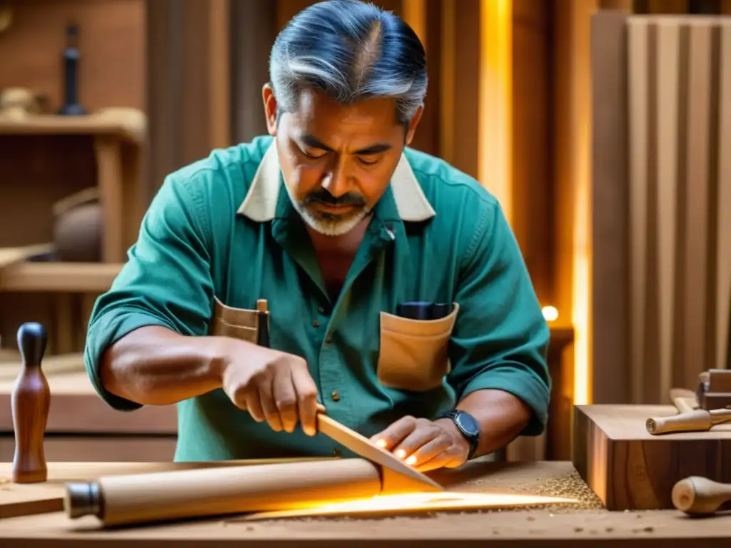 Un artesano talla con cuidado una pieza de madera de origen sostenible para crear un hermoso instrumento musical