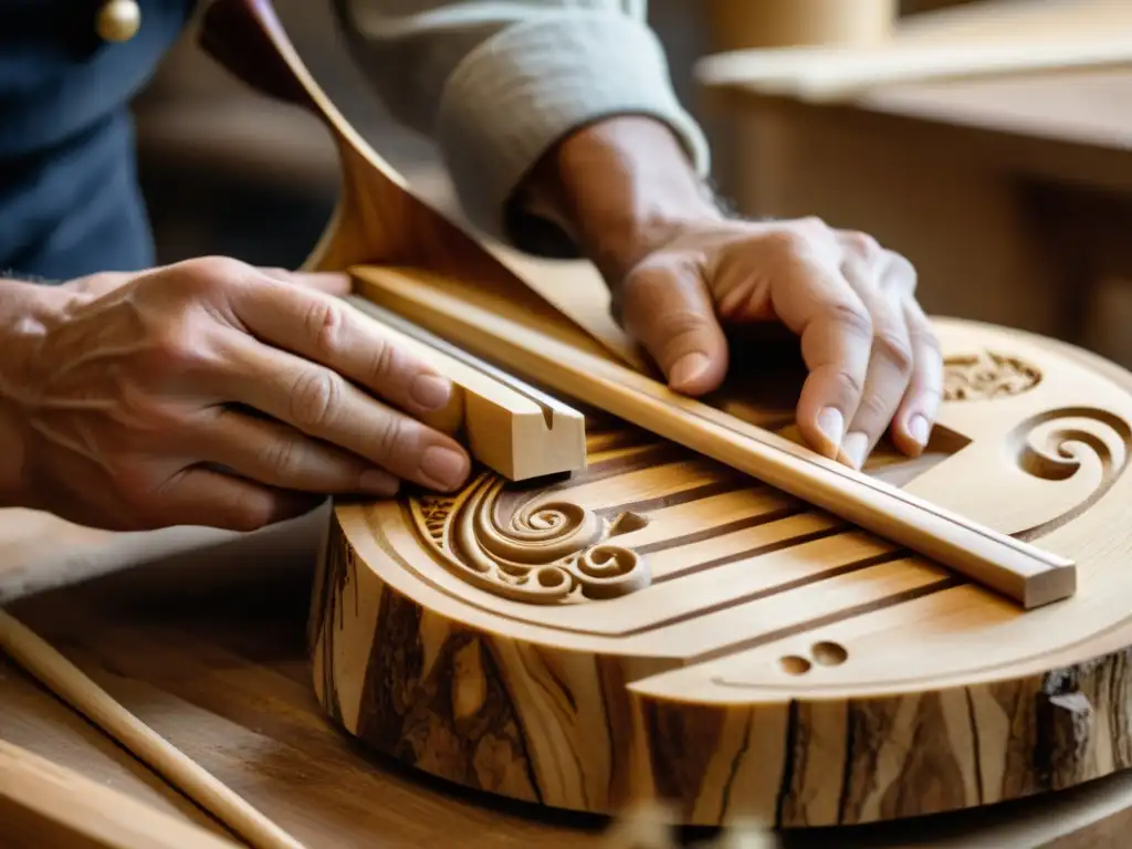 Un artesano talla con dedicación una arpa de madera sostenible