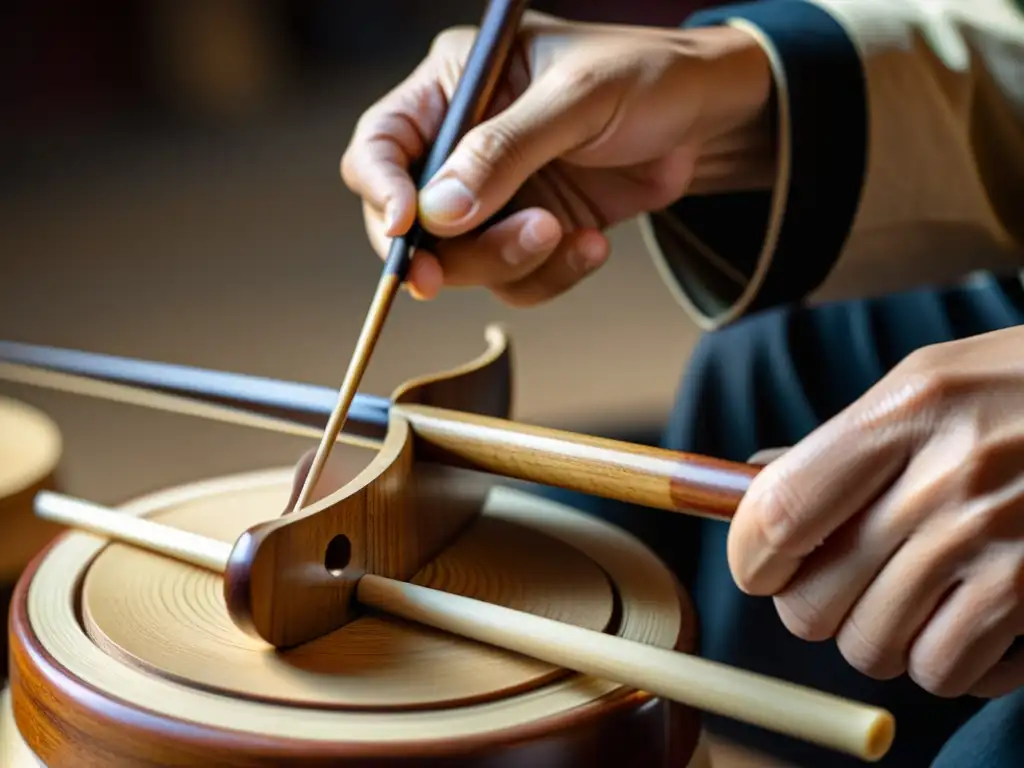 Un artesano talla con maestría las delicadas curvas de un Erhu, bañado en cálida luz natural