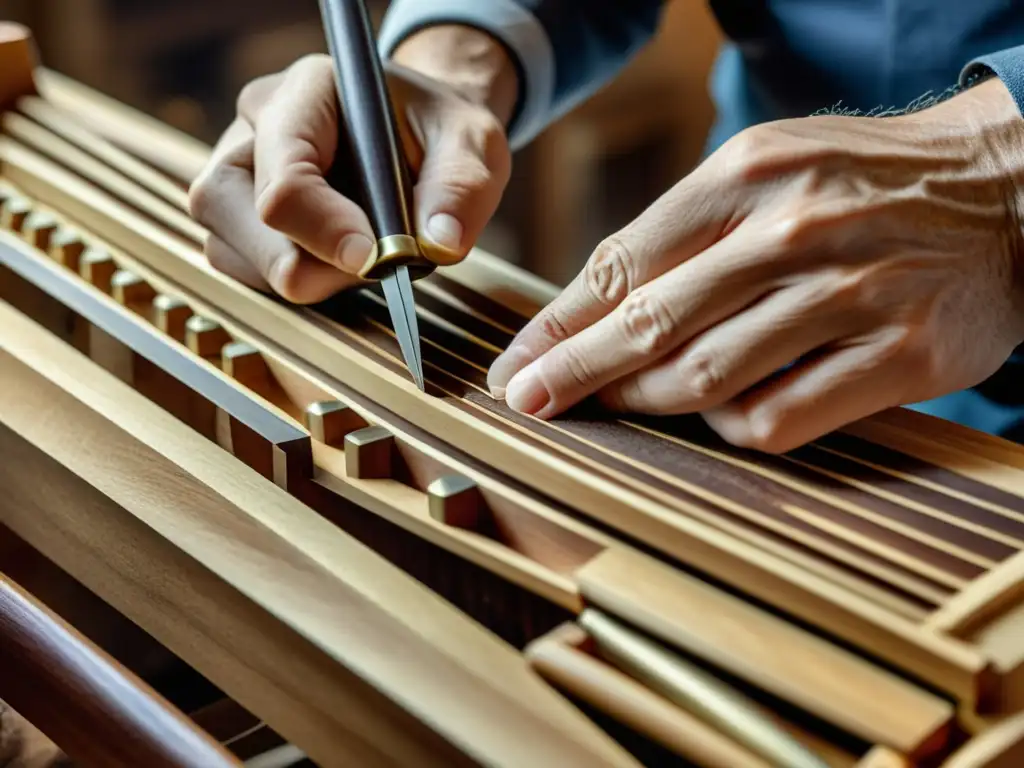 Un artesano talla con precisión las delicadas teclas de un clavicémbalo, mostrando la importancia del clavicémbalo en la orquesta