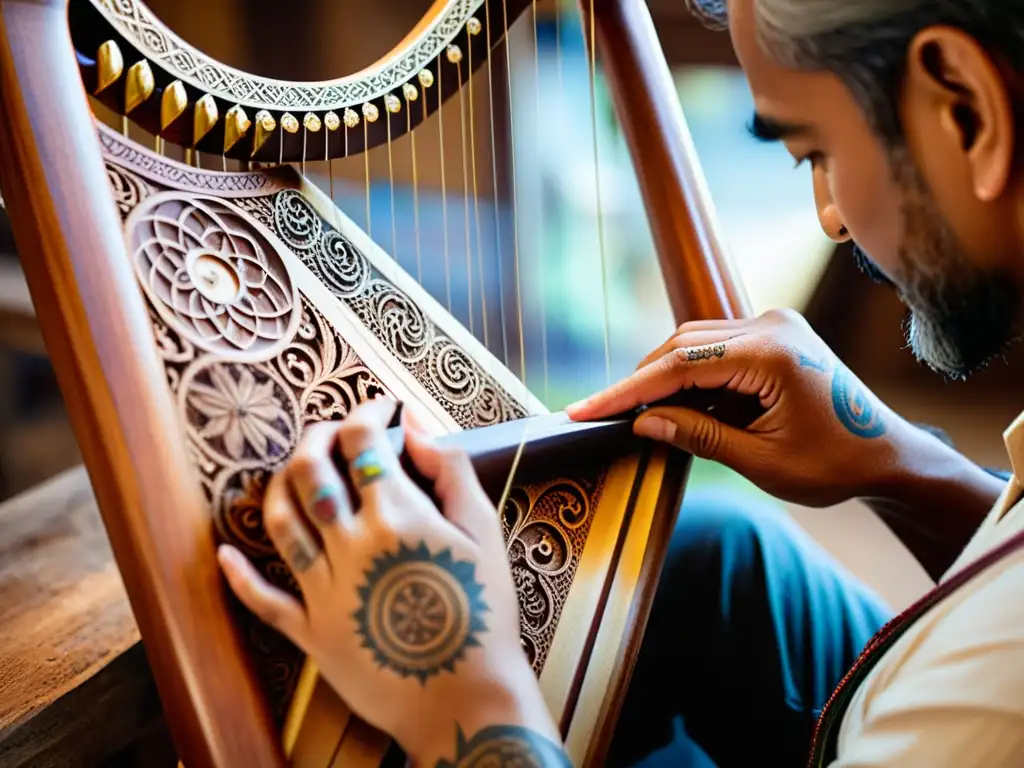 Un artesano talla delicados diseños en una arpa tradicional, resaltando la relevancia cultural de las arpas con su destreza y tatuajes coloridos