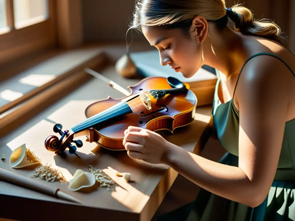 Artesano tallando violín con destreza Un artesano talla delicados diseños en un violín, con virutas de madera esparcidas y luz natural