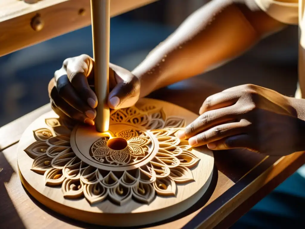 Un artesano talla delicados diseños en un Dulcémele, con virutas de madera y luz dorada resaltando su trabajo