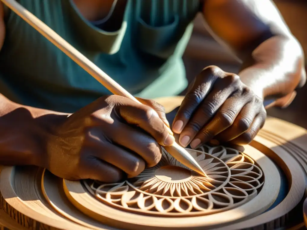 Un artesano talla delicados diseños en un instrumento musical sagrado de madera, iluminado por la luz del sol