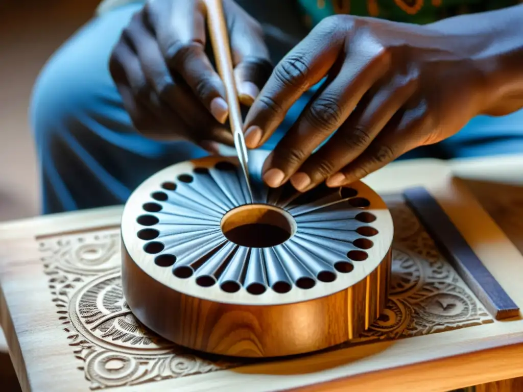 Un artesano talla con destreza una kalimba africana en madera rica y texturizada