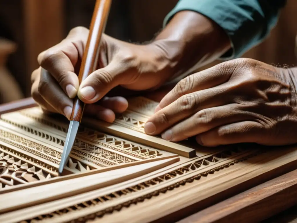 Un artesano talla con destreza una arpa paraguaya, transmitiendo la historia y construcción del instrumento con maestría y pasión