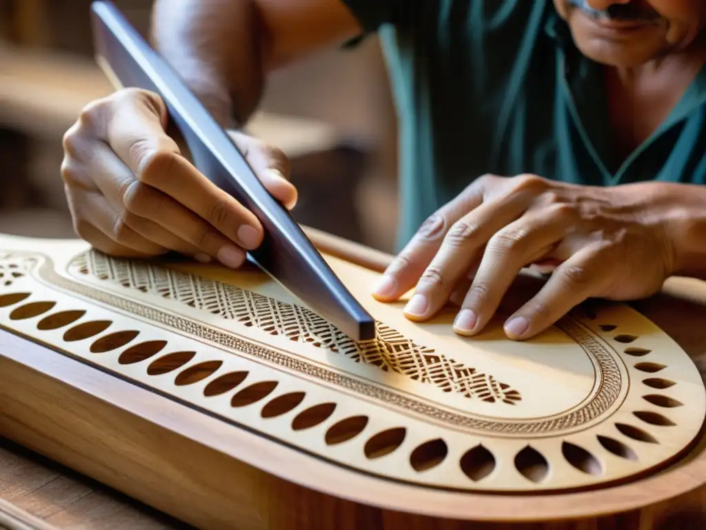 Un artesano talla con destreza el arpa paraguaya, destacando la historia y construcción del instrumento