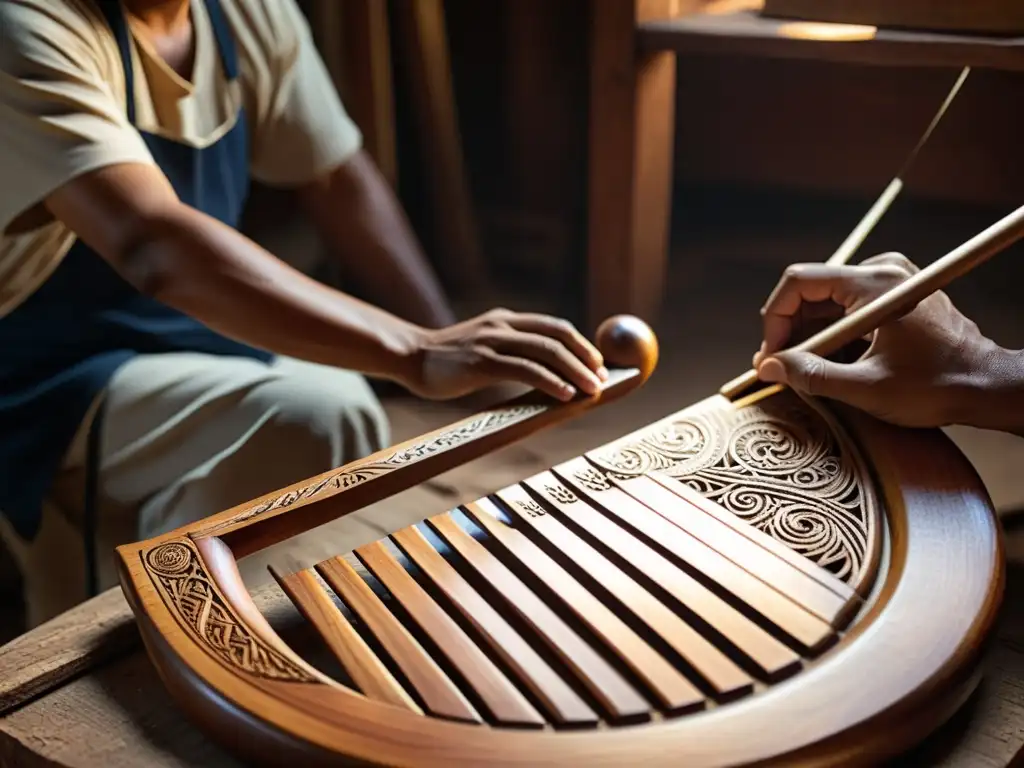 Un artesano talla con destreza una arpa paraguaya en su taller, resaltando la historia del arpa paraguaya