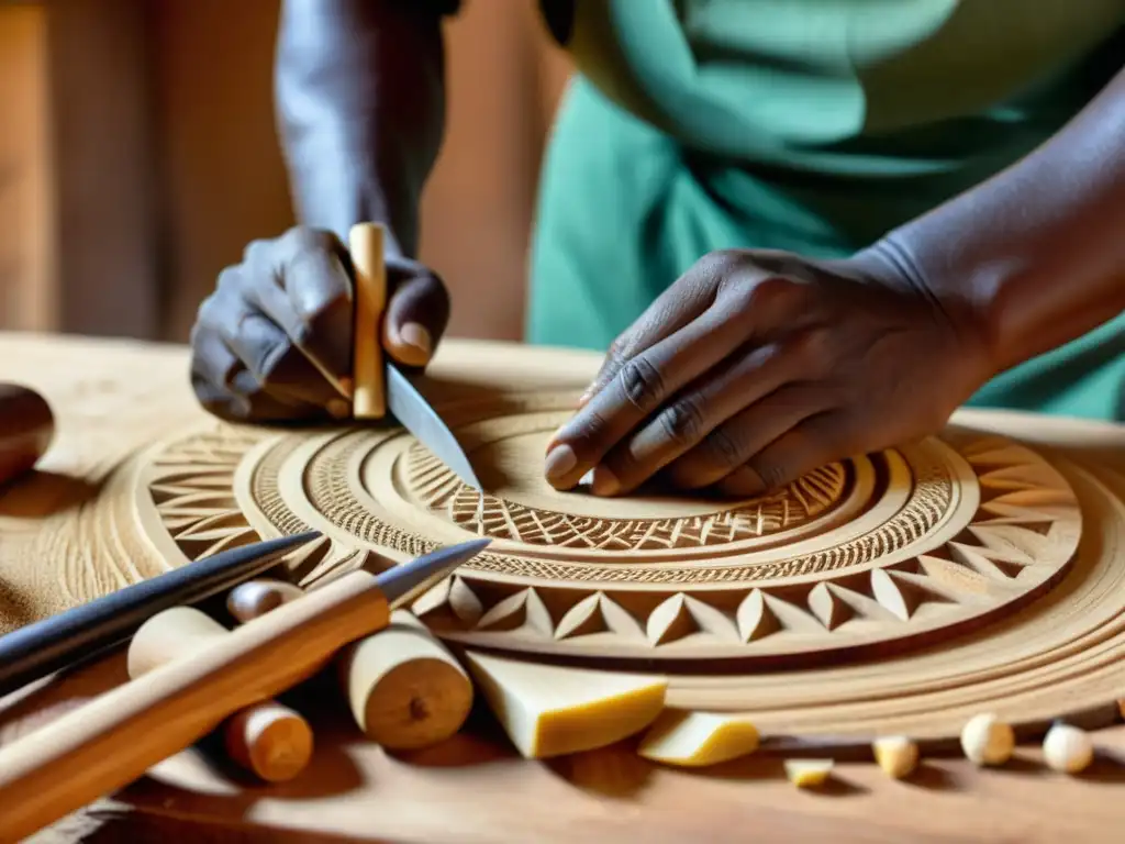 Un artesano talla con destreza un balafón tradicional africano, rodeado de herramientas manuales y creando una obra de arte resonante