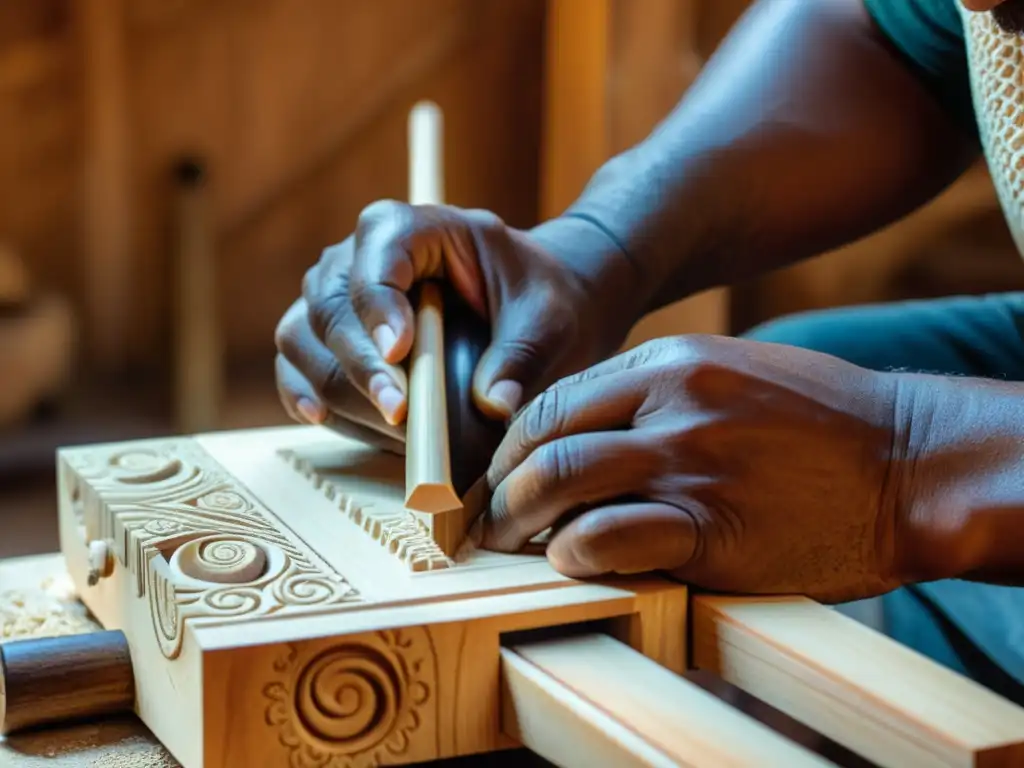 Artesano tallando con precisión un balafón africano Un artesano talla con destreza la caja de resonancia de un balafón, mostrando la dedicación y experiencia en su construcción