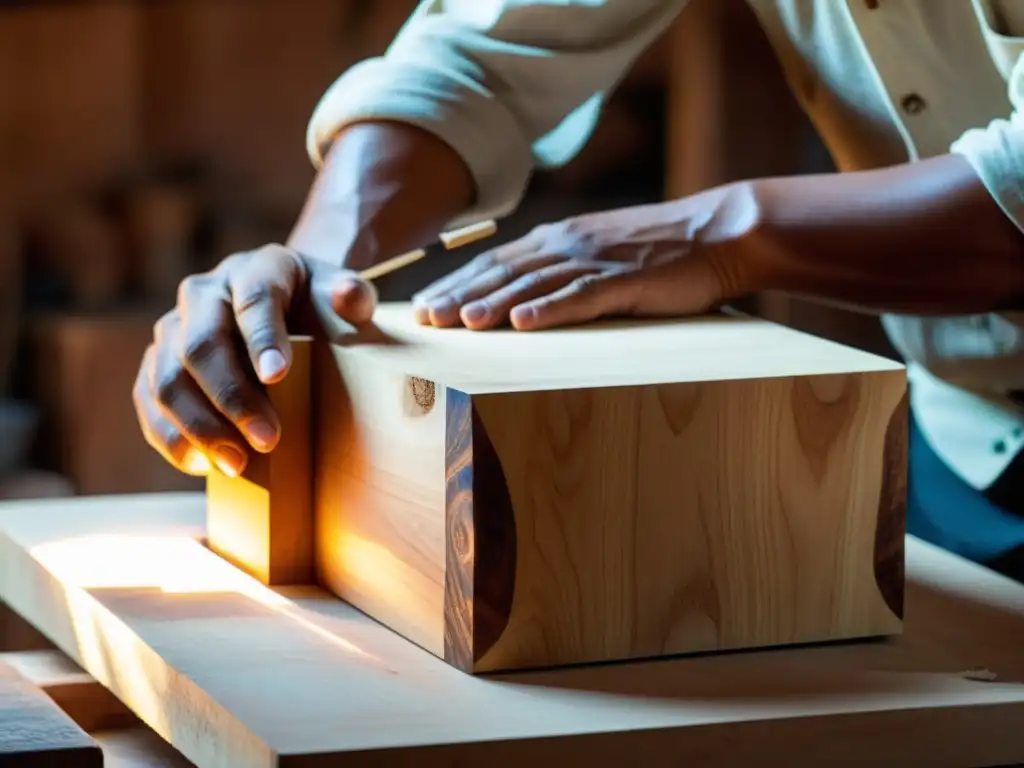 Un artesano talla con destreza un cajón peruano en un taller, mostrando el origen y evolución del cajón peruano con su meticuloso trabajo en madera