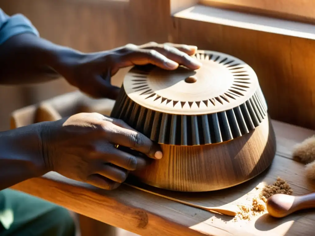 Un artesano talla con destreza el cuerpo de un Mbira africano, mostrando la historia y relevancia cultural del instrumento