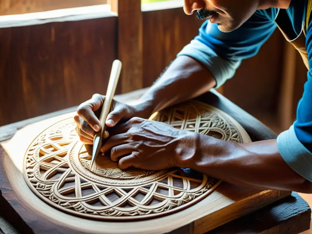 Un artesano talla con destreza el diseño del Cuatro Venezolano en madera envejecida, revelando la historia y construcción del icónico instrumento