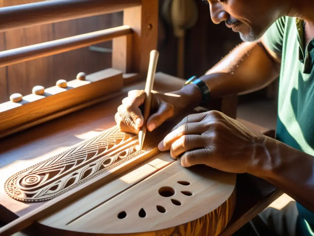 Un artesano talla con destreza el diseño de un arpa paraguaya, mostrando la historia y construcción del instrumento