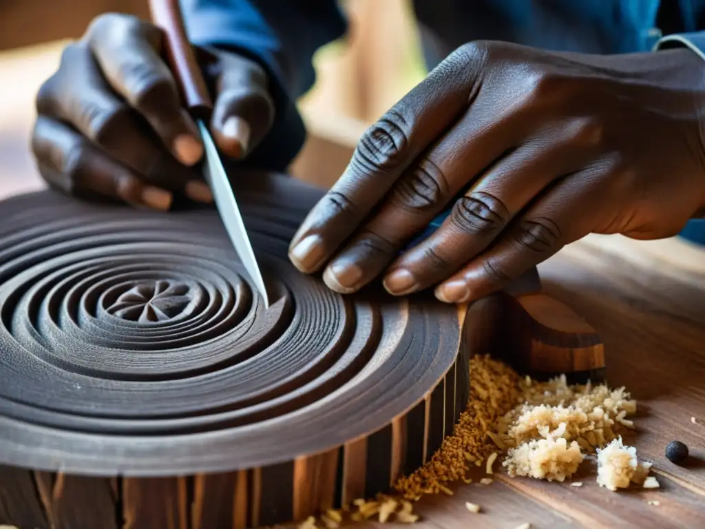 Un artesano talla con destreza diseños en madera africana oscura, creando una historia marimba africana construcción llena de tradición y artesanía