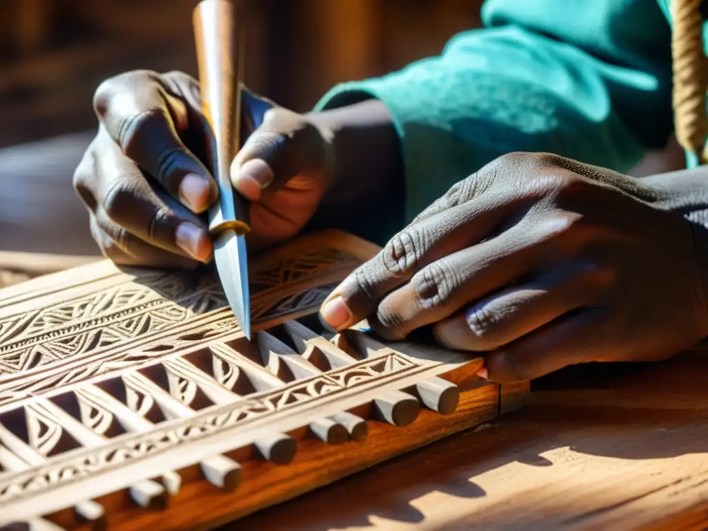 Un artesano talla con destreza diseños en las teclas de madera de un balafón africano, simbolizando el significado del balafón africano en la música