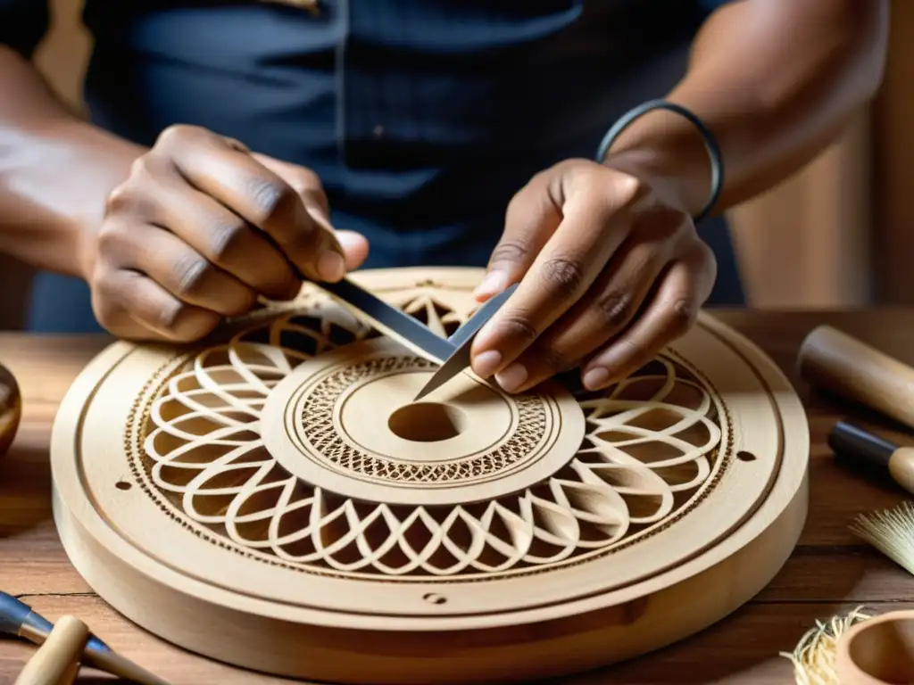 Un artesano talla con destreza diseños en un instrumento musical de madera tradicional, rodeado de herramientas y virutas