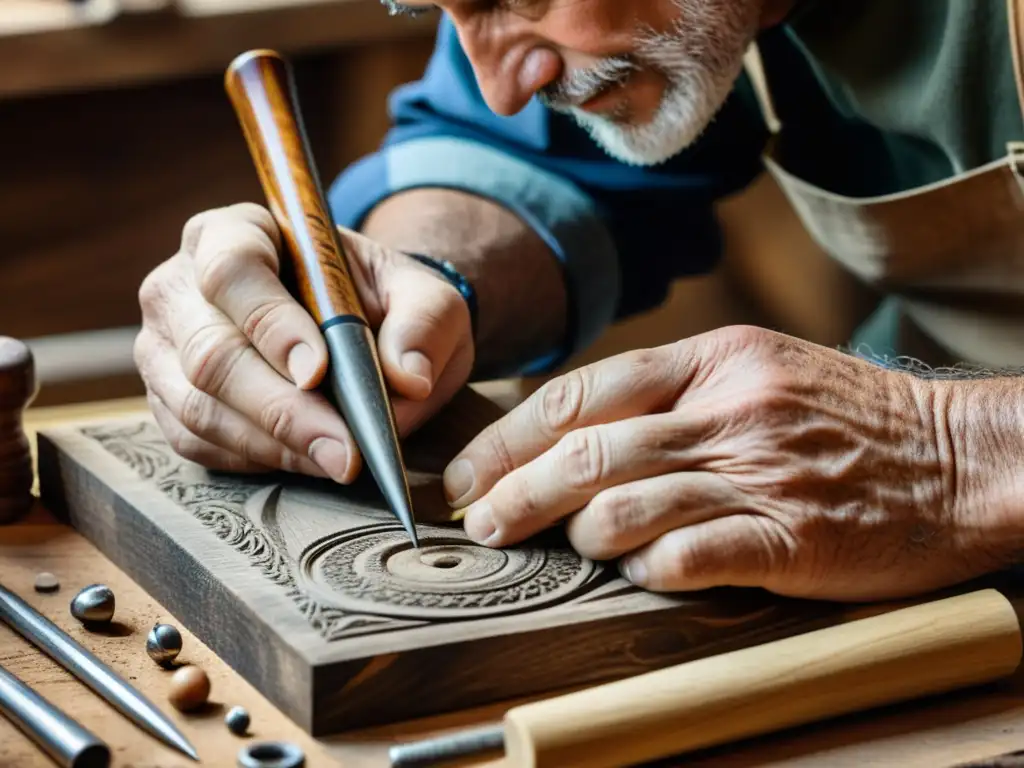 Un artesano talla con destreza diseños intrincados en madera antigua, rodeado de herramientas