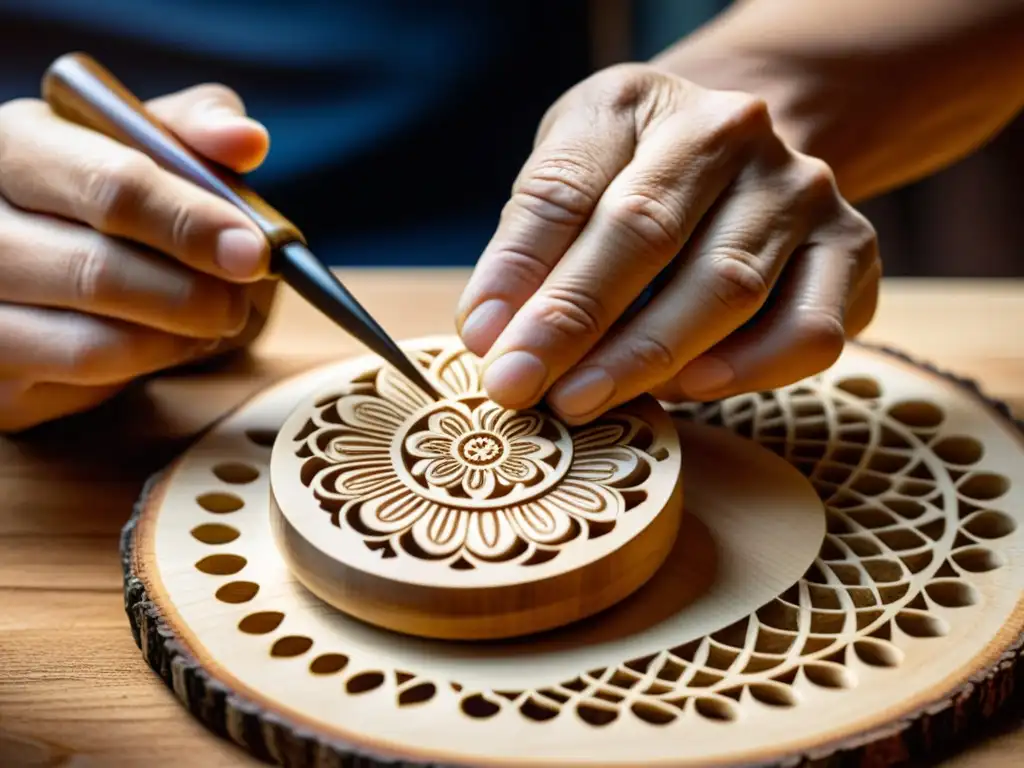 Un artesano talla con destreza diseños en unas castañuelas, con cálida luz natural iluminando sus manos y cada detalle del proceso