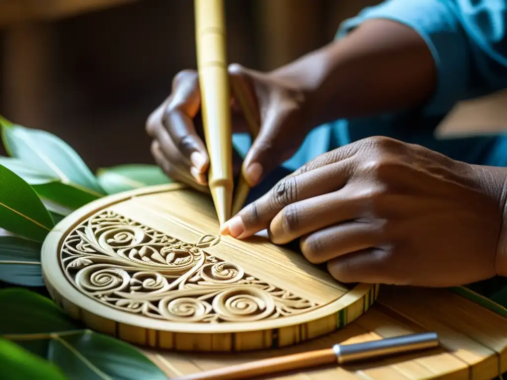 Un artesano talla con destreza diseños en bambú para crear una flauta pan