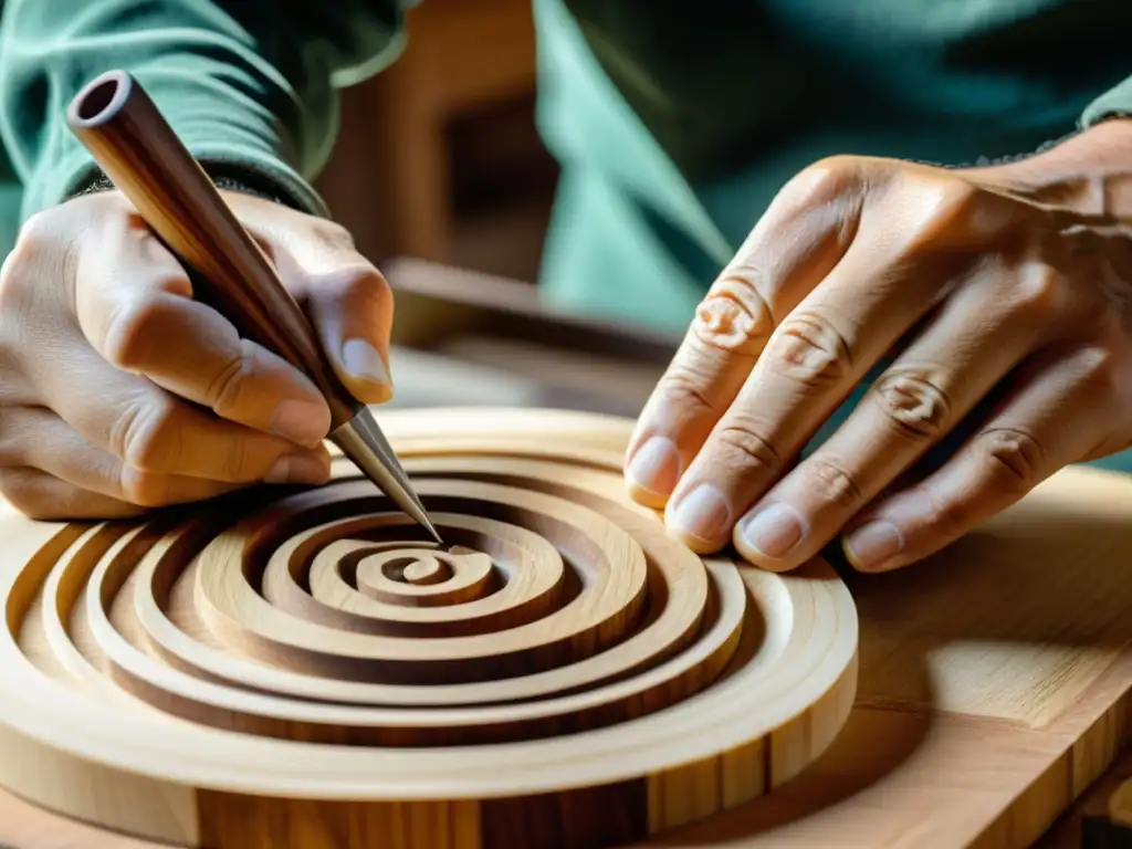 Un artesano talla con destreza una fina madera de granadillo para crear piezas intrincadas de un Corno Inglés