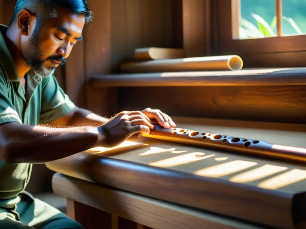 Un artesano talla con destreza una flauta de madera, iluminado por la luz del sol