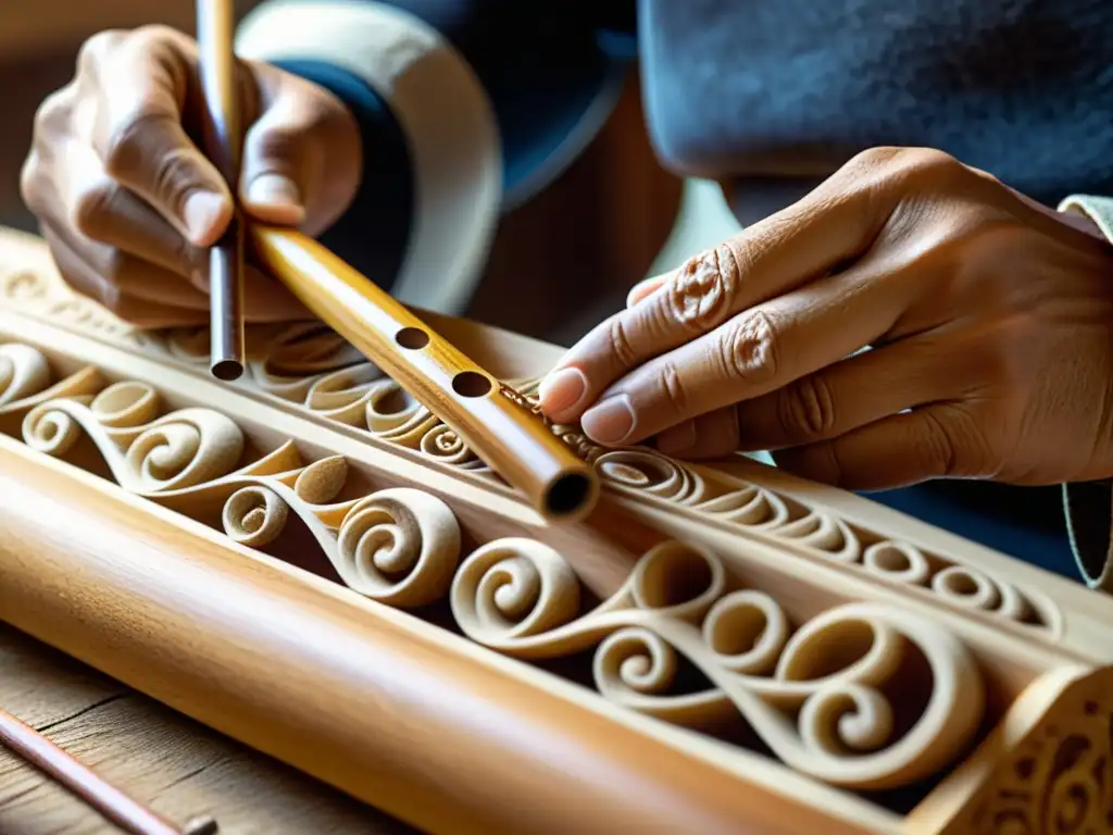 Un artesano talla con destreza una flauta de madera, en un ambiente cargado de energía creativa y metamorfosis de instrumentos de viento