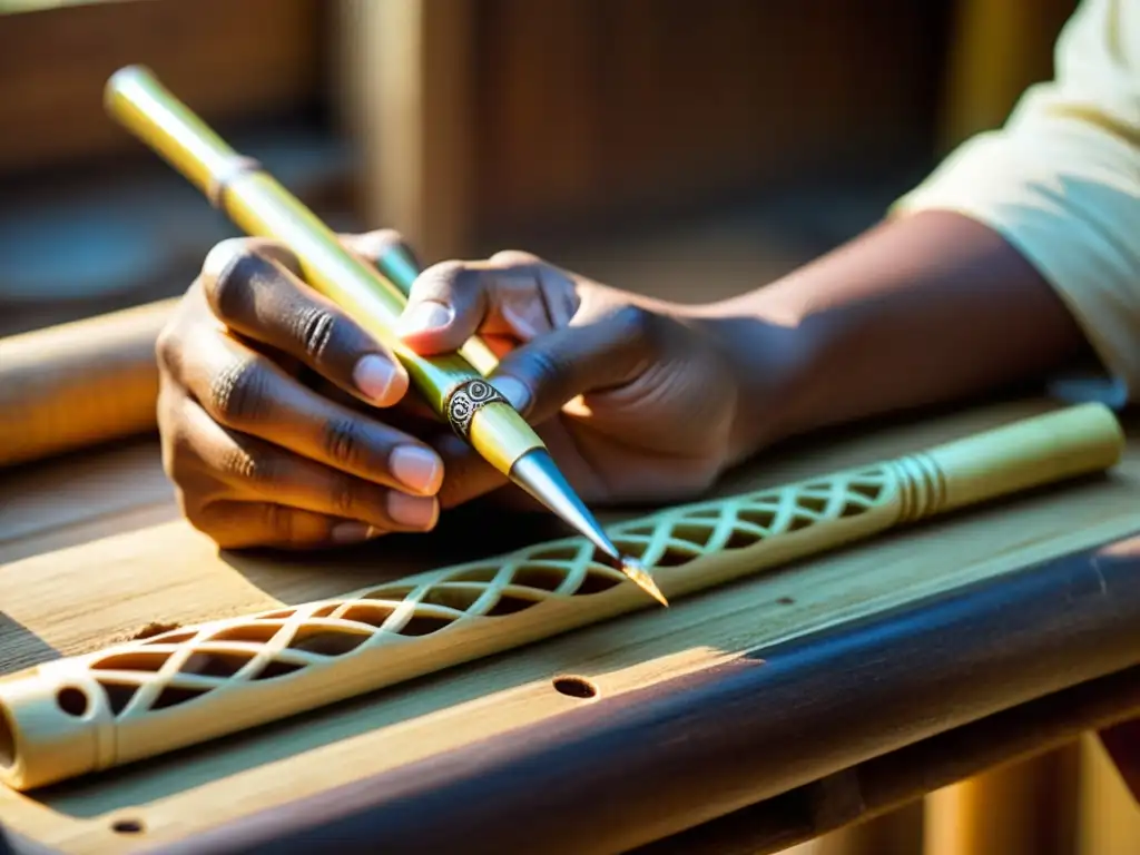 Un artesano talla con destreza una flauta de bambú asiática, sus manos adornadas con patrones de henna