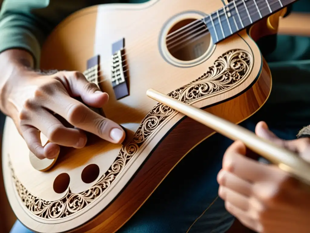 Un artesano talla con destreza una guitarra de madera, mostrando el impacto de la música en la conciencia ambiental