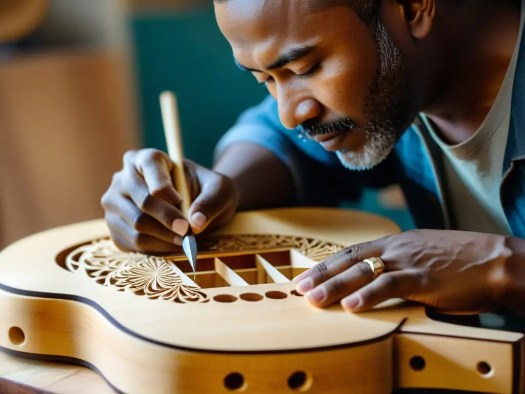 Un artesano talla con destreza una guitarra de madera, mostrando la dedicación a la producción de instrumentos musicales ecofriendly