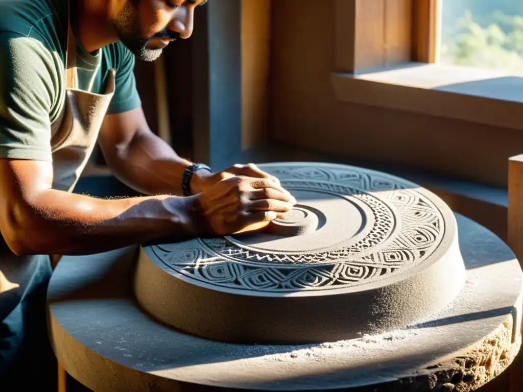 Un artesano talla con destreza un instrumento musical único en granito, con las manos cubiertas de polvo de roca