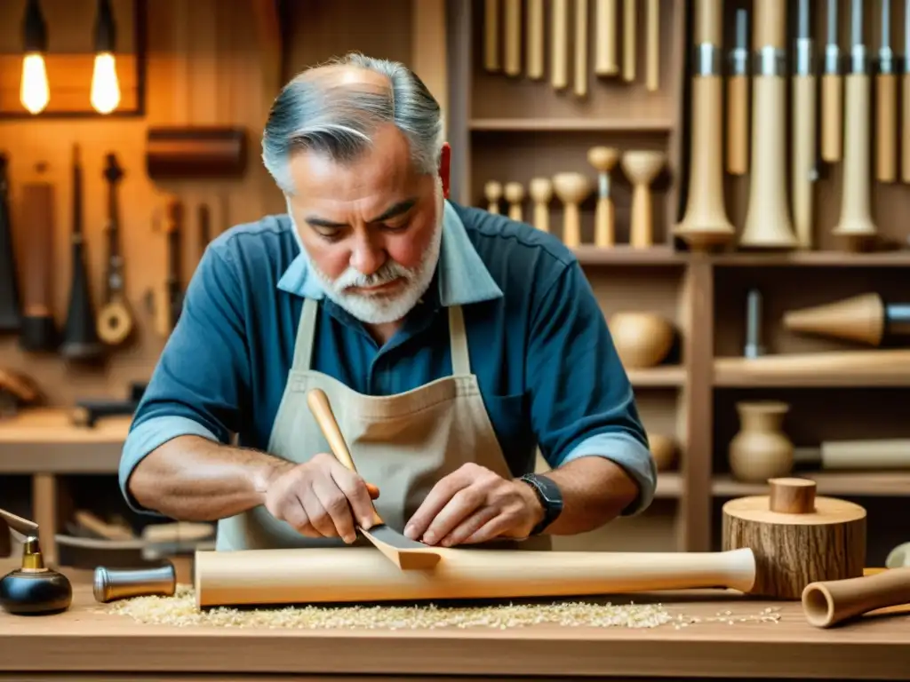 Un artesano talla con destreza un instrumento de viento de madera, rodeado de herramientas y virutas de madera