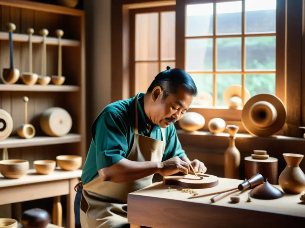 Un artesano talla con destreza un instrumento musical en su taller, resaltando la importancia de los instrumentos musicales tradicionales