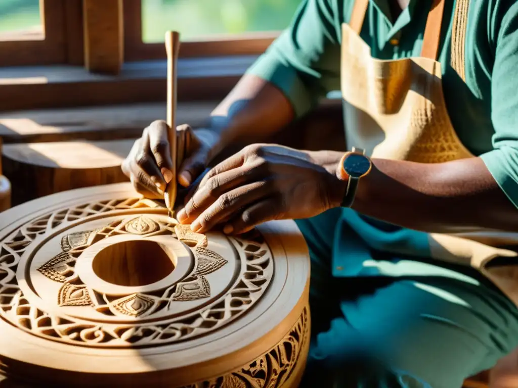 Un artesano talla con destreza un instrumento musical artesanal en madera sostenible