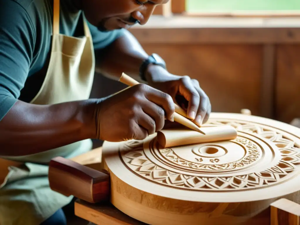 Un artesano talla con destreza un instrumento musical eco, con luz suave y ambiente cálido