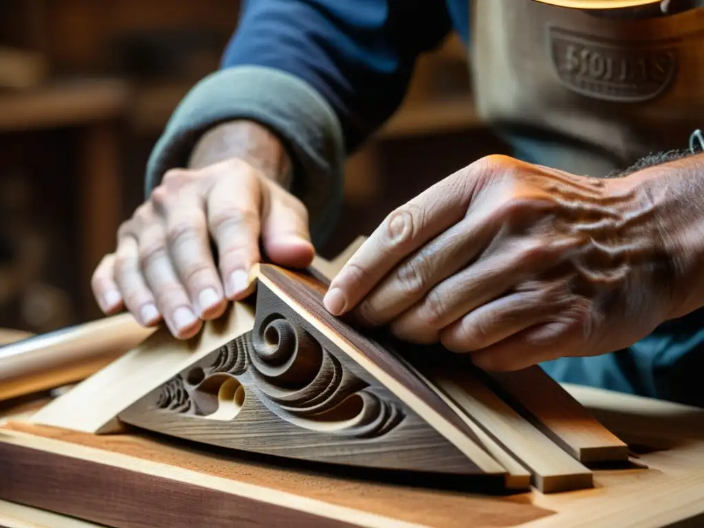 Un artesano talla con destreza un instrumento musical sostenible reciclado, mostrando dedicación y destreza en la creación