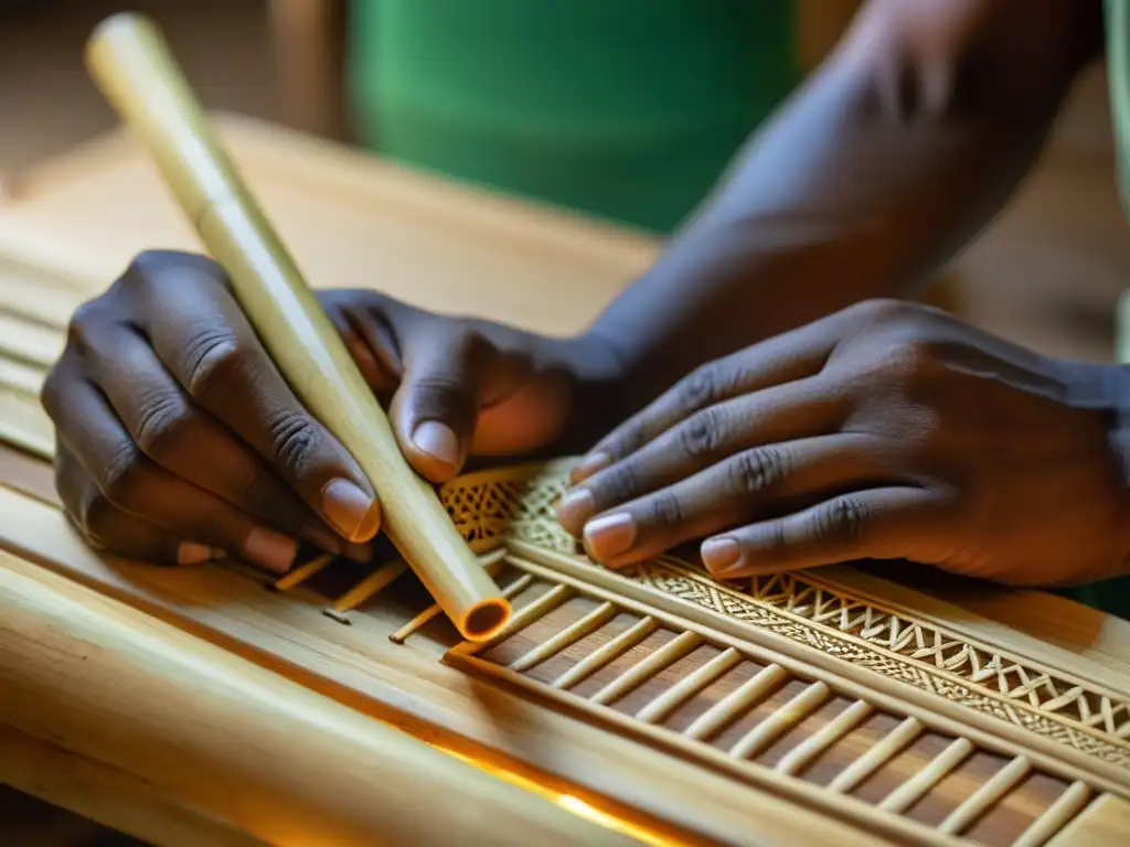 Un artesano de Madagascar talla con destreza un laúd tubular de bambú, resaltando la riqueza cultural y la habilidad artesanal