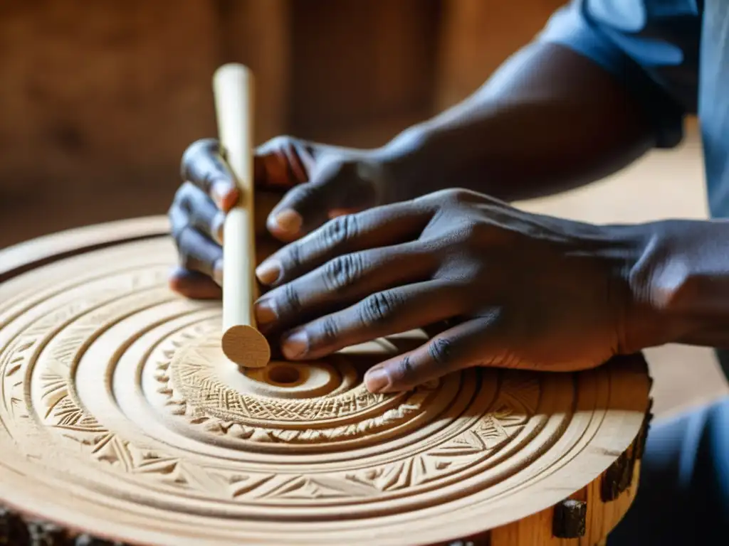 Un artesano en Uganda talla con destreza la madera para crear el resonador de un adungu, mostrando la historia del adungu en Uganda